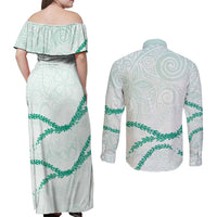 Aloha Lei Mikioi Couples Matching Off Shoulder Maxi Dress and Long Sleeve Button Shirt Sage Green Polynesian Tribal Tatau Pattern