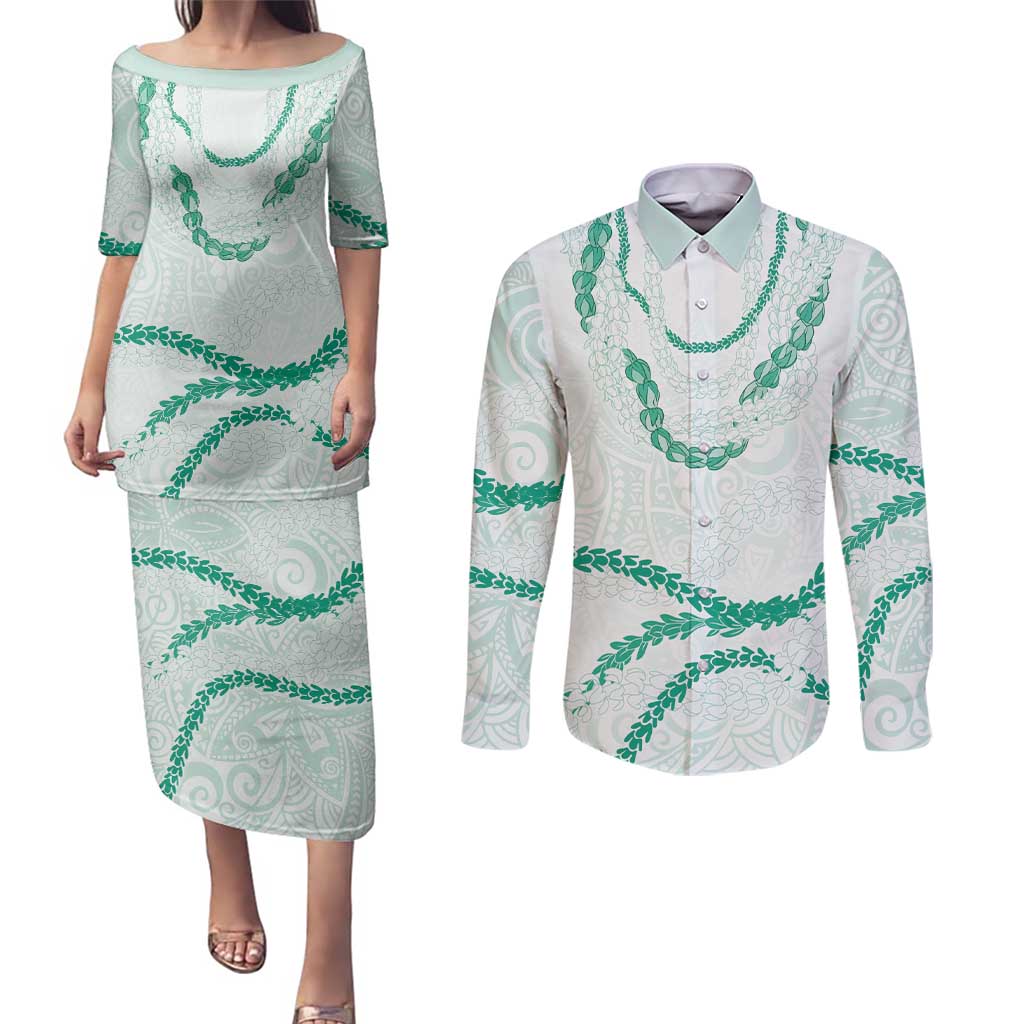 Aloha Lei Mikioi Couples Matching Puletasi and Long Sleeve Button Shirt Sage Green Polynesian Tribal Tatau Pattern