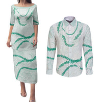 Aloha Lei Mikioi Couples Matching Puletasi and Long Sleeve Button Shirt Sage Green Polynesian Tribal Tatau Pattern