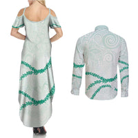 Aloha Lei Mikioi Couples Matching Summer Maxi Dress and Long Sleeve Button Shirt Sage Green Polynesian Tribal Tatau Pattern