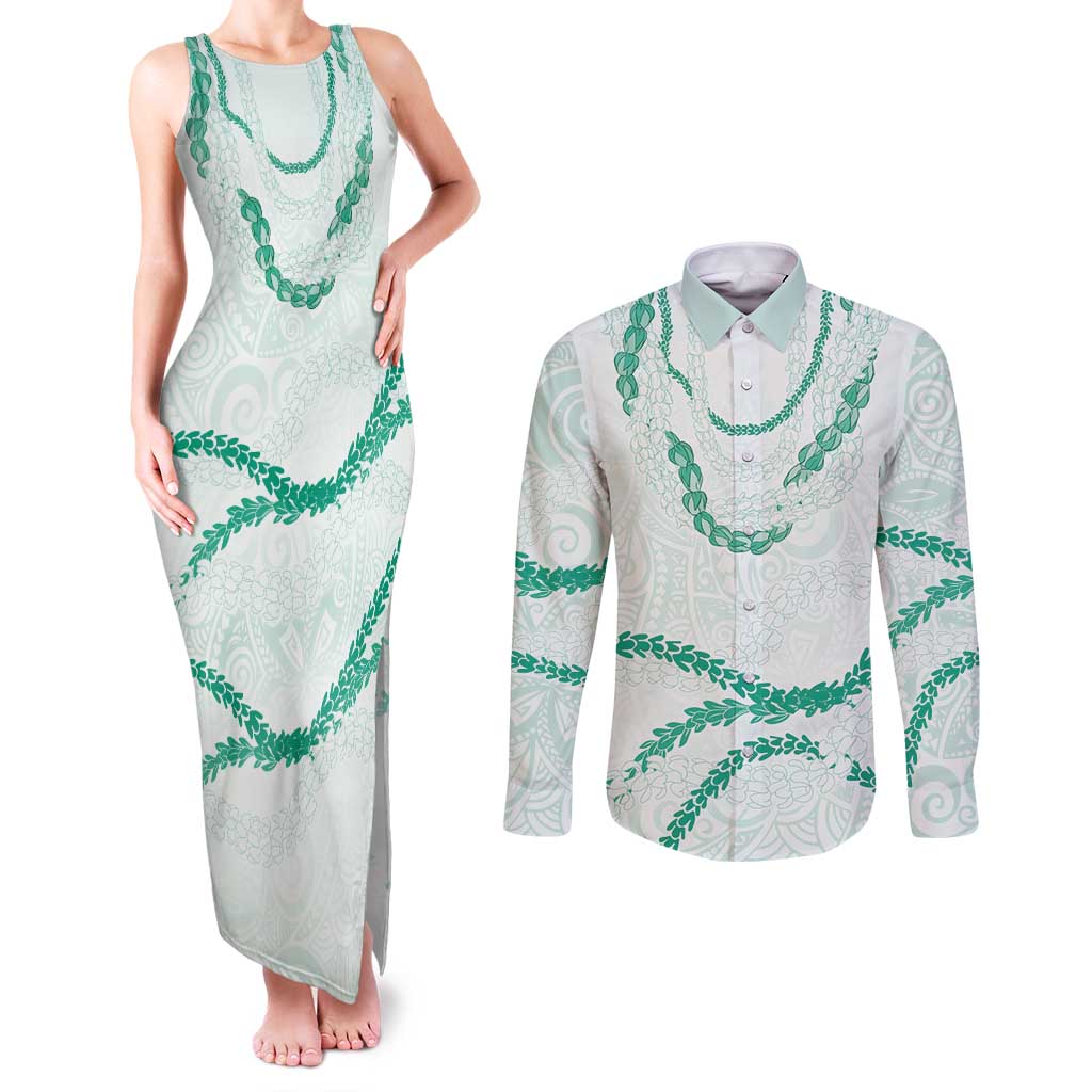 Aloha Lei Mikioi Couples Matching Tank Maxi Dress and Long Sleeve Button Shirt Sage Green Polynesian Tribal Tatau Pattern