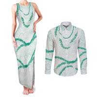 Aloha Lei Mikioi Couples Matching Tank Maxi Dress and Long Sleeve Button Shirt Sage Green Polynesian Tribal Tatau Pattern