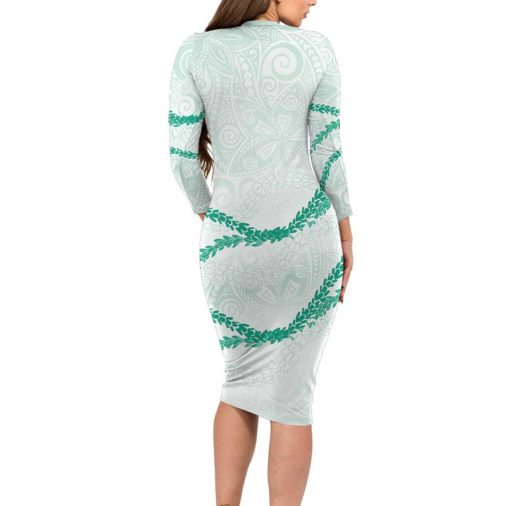 Aloha Lei Mikioi Family Matching Long Sleeve Bodycon Dress and Hawaiian Shirt Sage Green Polynesian Tribal Tatau Pattern LT9 - Polynesian Pride