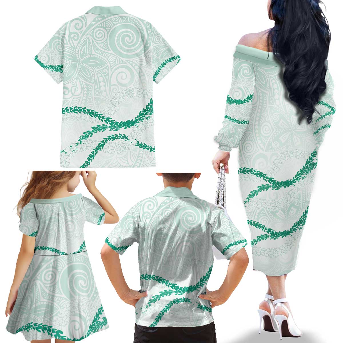Aloha Lei Mikioi Family Matching Off The Shoulder Long Sleeve Dress and Hawaiian Shirt Sage Green Polynesian Tribal Tatau Pattern LT9 - Polynesian Pride