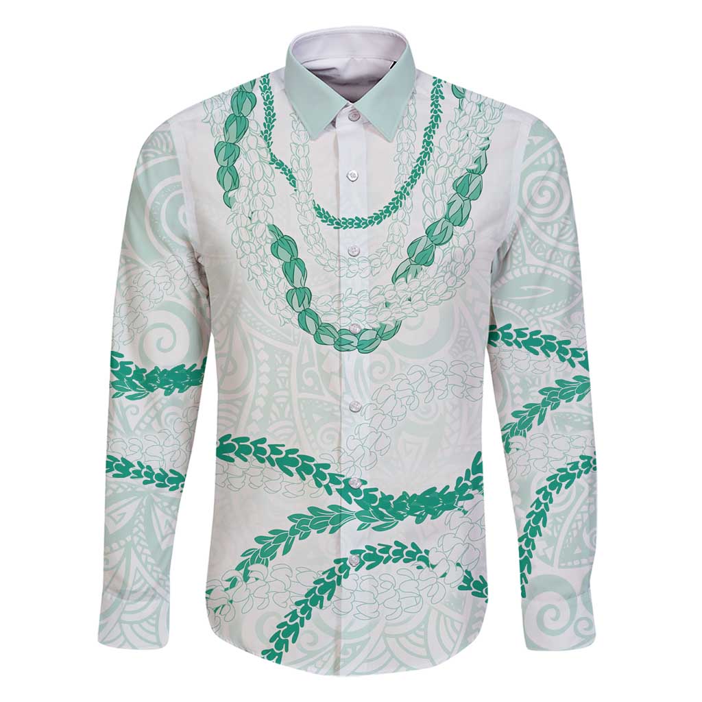 Aloha Lei Mikioi Family Matching Off Shoulder Short Dress and Hawaiian Shirt Sage Green Polynesian Tribal Tatau Pattern LT9 Dad's Shirt - Long Sleeve Green - Polynesian Pride