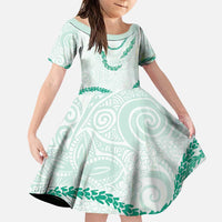 Aloha Lei Mikioi Family Matching Puletasi and Hawaiian Shirt Sage Green Polynesian Tribal Tatau Pattern LT9 Daughter's Dress Green - Polynesian Pride