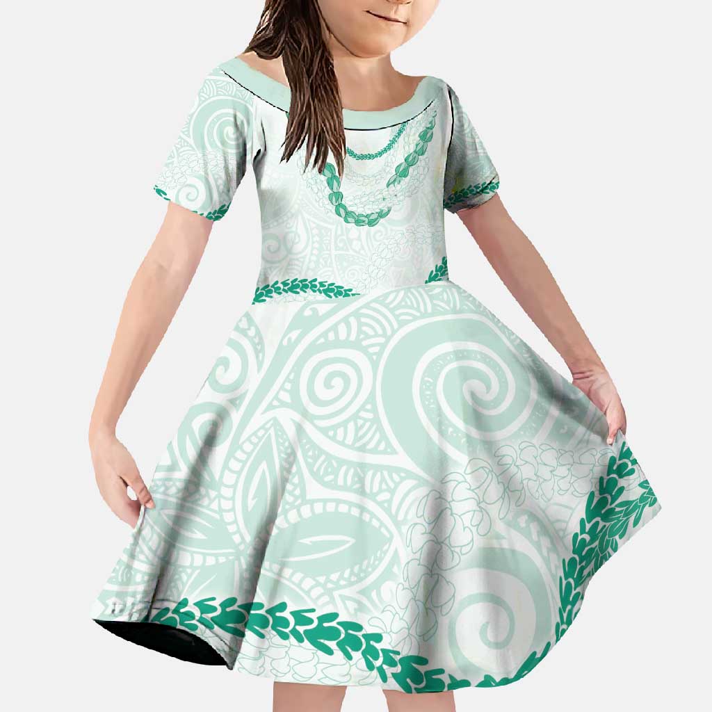 Aloha Lei Mikioi Family Matching Short Sleeve Bodycon Dress and Hawaiian Shirt Sage Green Polynesian Tribal Tatau Pattern LT9 Daughter's Dress Green - Polynesian Pride