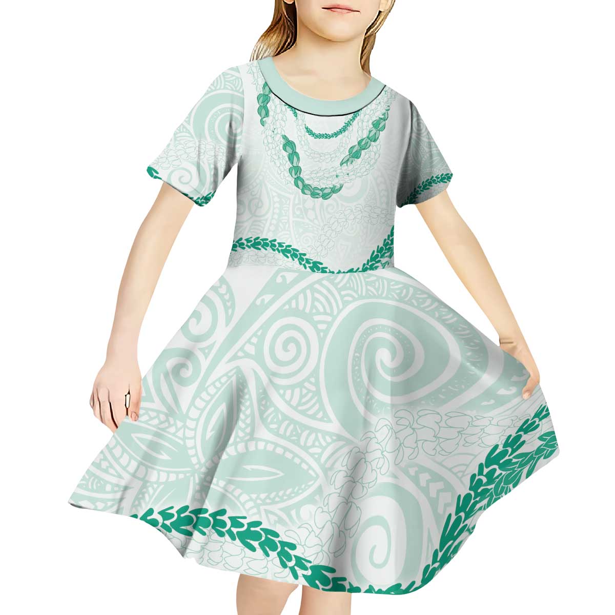 Aloha Lei Mikioi Kid Short Sleeve Dress Sage Green Polynesian Tribal Tatau Pattern
