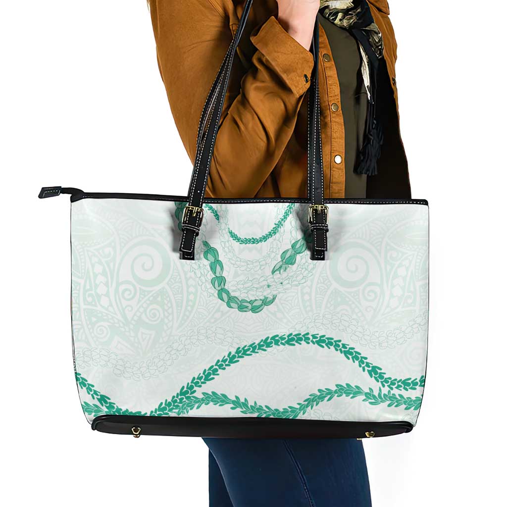 Aloha Lei Mikioi Leather Tote Bag Sage Green Polynesian Tribal Tatau Pattern