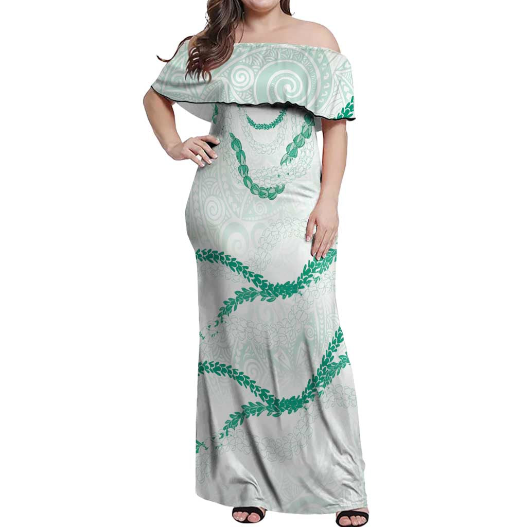 Aloha Lei Mikioi Off Shoulder Maxi Dress Sage Green Polynesian Tribal Tatau Pattern
