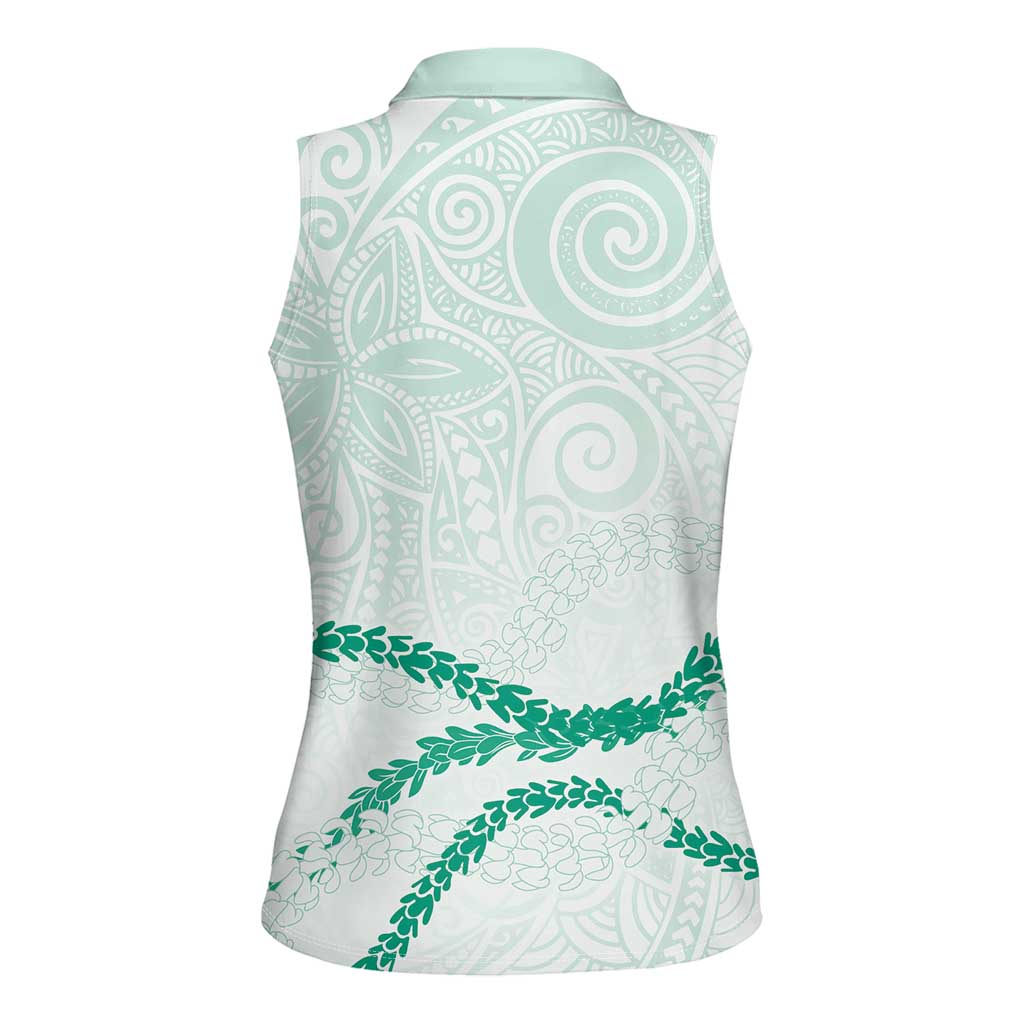 Aloha Lei Mikioi Women Sleeveless Polo Shirt Sage Green Polynesian Tribal Tatau Pattern
