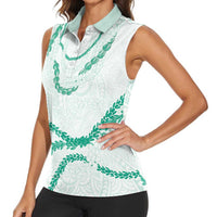 Aloha Lei Mikioi Women Sleeveless Polo Shirt Sage Green Polynesian Tribal Tatau Pattern
