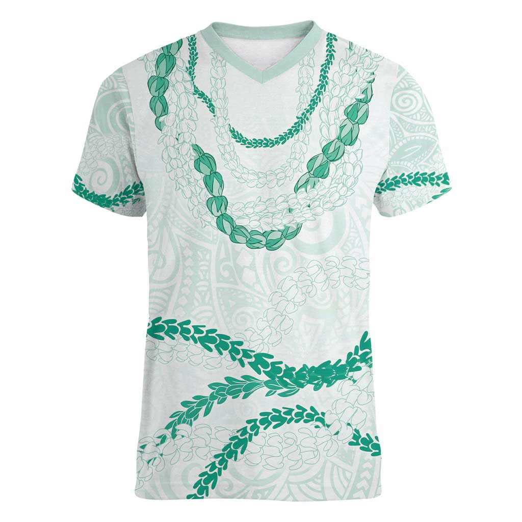 Aloha Lei Mikioi Women V-Neck T-Shirt Sage Green Polynesian Tribal Tatau Pattern