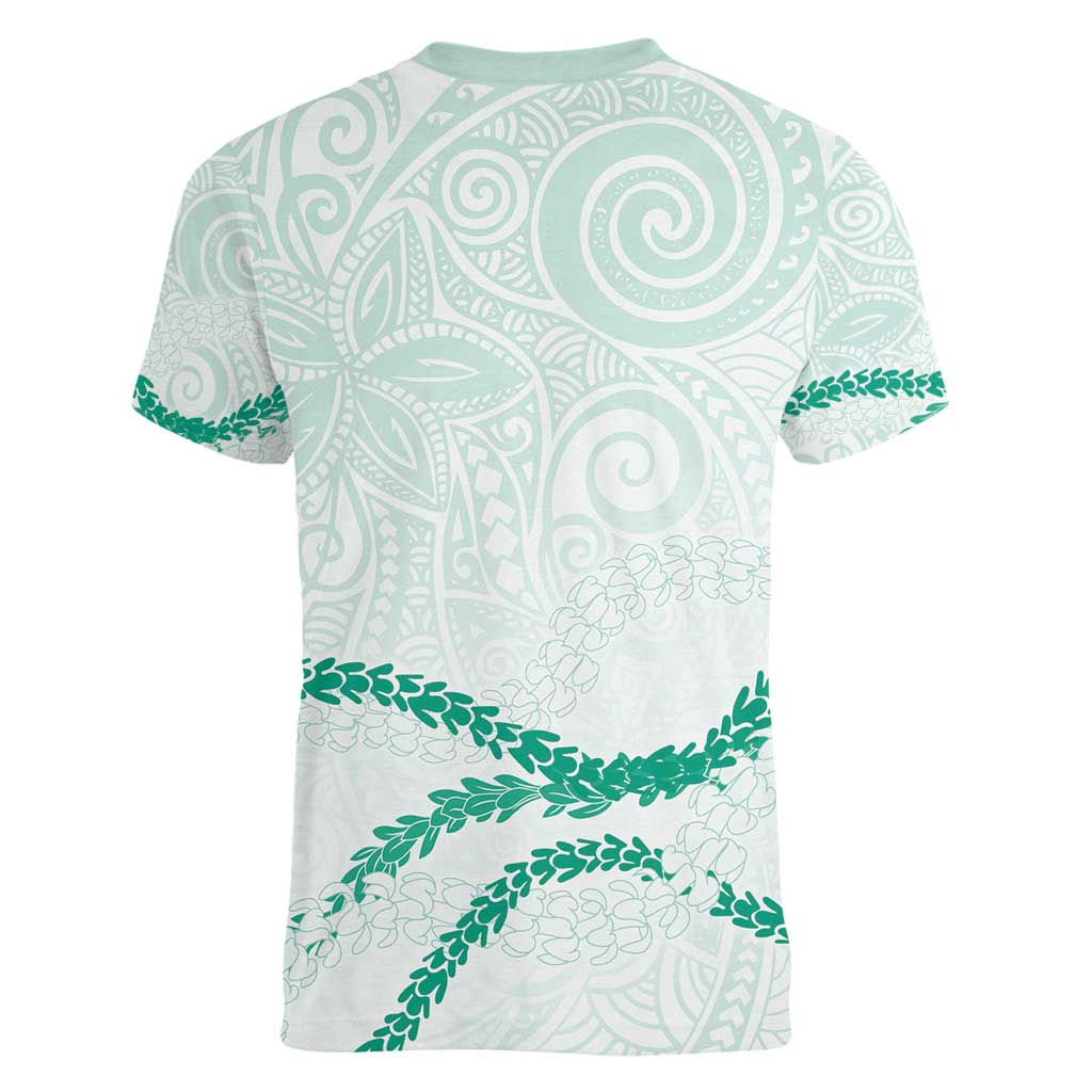 Aloha Lei Mikioi Women V-Neck T-Shirt Sage Green Polynesian Tribal Tatau Pattern