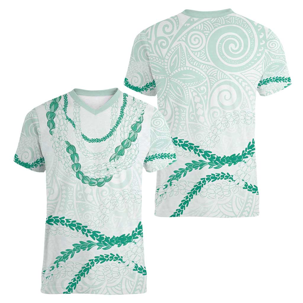 Aloha Lei Mikioi Women V-Neck T-Shirt Sage Green Polynesian Tribal Tatau Pattern
