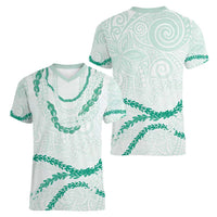 Aloha Lei Mikioi Women V-Neck T-Shirt Sage Green Polynesian Tribal Tatau Pattern