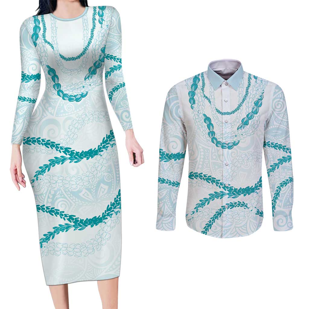 Aloha Lei Mikioi Couples Matching Long Sleeve Bodycon Dress and Long Sleeve Button Shirt Teal Polynesian Tribal Tatau Pattern