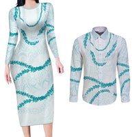 Aloha Lei Mikioi Couples Matching Long Sleeve Bodycon Dress and Long Sleeve Button Shirt Teal Polynesian Tribal Tatau Pattern