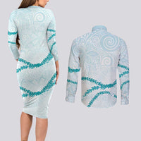 Aloha Lei Mikioi Couples Matching Long Sleeve Bodycon Dress and Long Sleeve Button Shirt Teal Polynesian Tribal Tatau Pattern
