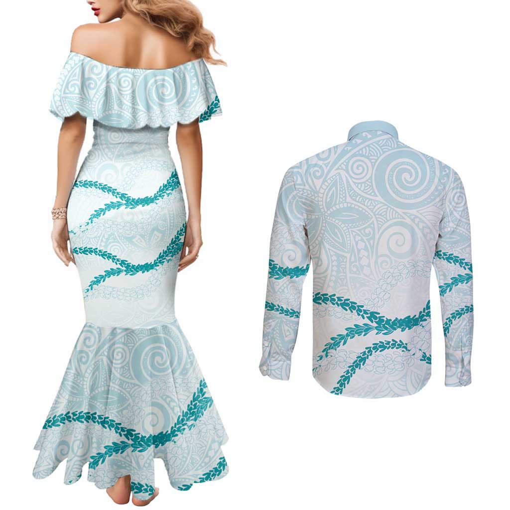Aloha Lei Mikioi Couples Matching Mermaid Dress and Long Sleeve Button Shirt Teal Polynesian Tribal Tatau Pattern