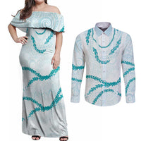 Aloha Lei Mikioi Couples Matching Off Shoulder Maxi Dress and Long Sleeve Button Shirt Teal Polynesian Tribal Tatau Pattern