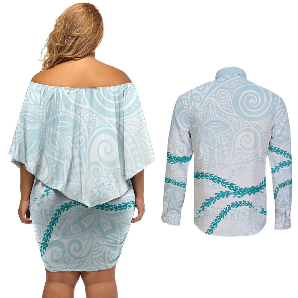 Aloha Lei Mikioi Couples Matching Off Shoulder Short Dress and Long Sleeve Button Shirt Teal Polynesian Tribal Tatau Pattern
