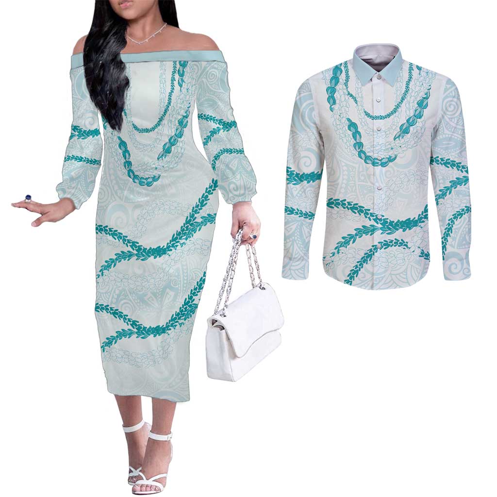 Aloha Lei Mikioi Couples Matching Off The Shoulder Long Sleeve Dress and Long Sleeve Button Shirt Teal Polynesian Tribal Tatau Pattern