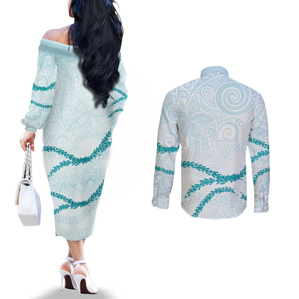 Aloha Lei Mikioi Couples Matching Off The Shoulder Long Sleeve Dress and Long Sleeve Button Shirt Teal Polynesian Tribal Tatau Pattern