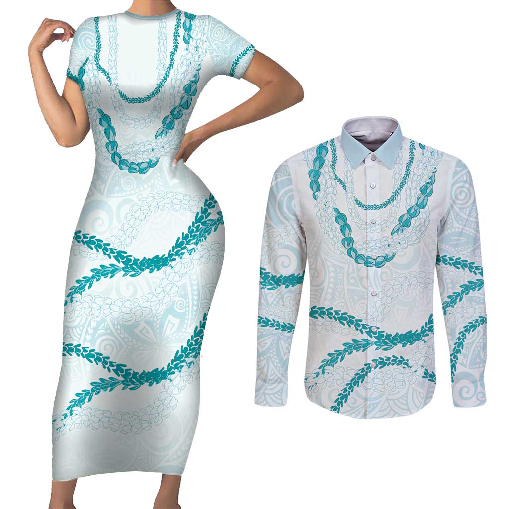 Aloha Lei Mikioi Couples Matching Short Sleeve Bodycon Dress and Long Sleeve Button Shirt Teal Polynesian Tribal Tatau Pattern