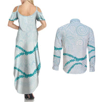 Aloha Lei Mikioi Couples Matching Summer Maxi Dress and Long Sleeve Button Shirt Teal Polynesian Tribal Tatau Pattern