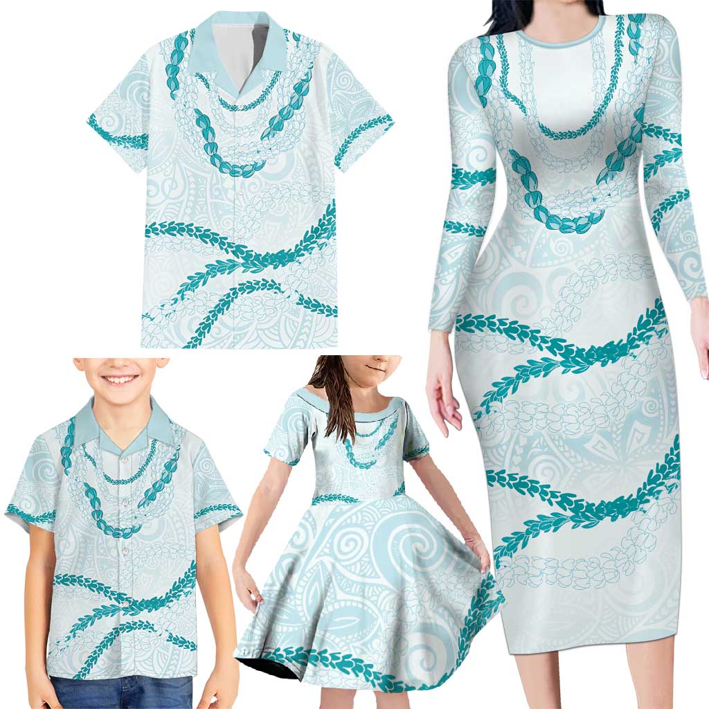 Aloha Lei Mikioi Family Matching Long Sleeve Bodycon Dress and Hawaiian Shirt Teal Polynesian Tribal Tatau Pattern LT9 - Polynesian Pride