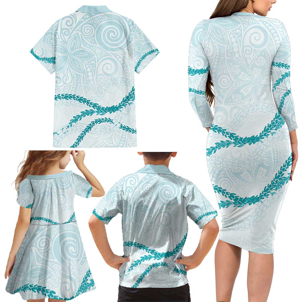 Aloha Lei Mikioi Family Matching Long Sleeve Bodycon Dress and Hawaiian Shirt Teal Polynesian Tribal Tatau Pattern LT9 - Polynesian Pride