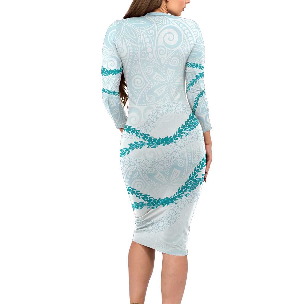 Aloha Lei Mikioi Family Matching Long Sleeve Bodycon Dress and Hawaiian Shirt Teal Polynesian Tribal Tatau Pattern LT9 - Polynesian Pride