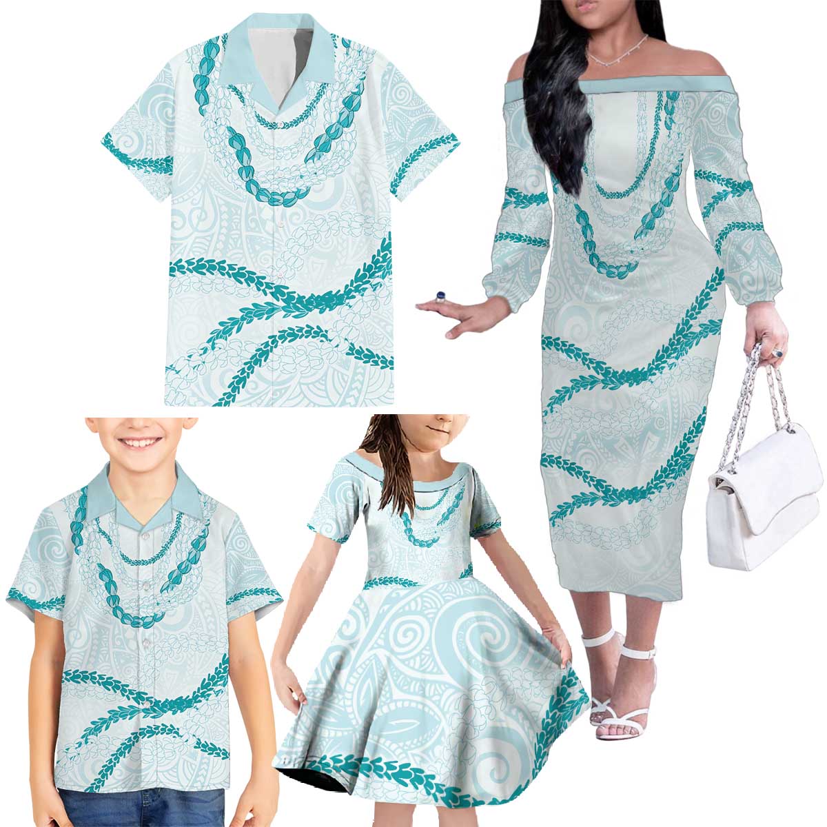 Aloha Lei Mikioi Family Matching Off The Shoulder Long Sleeve Dress and Hawaiian Shirt Teal Polynesian Tribal Tatau Pattern LT9 - Polynesian Pride