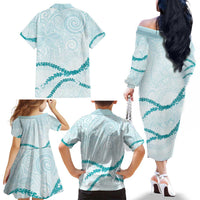 Aloha Lei Mikioi Family Matching Off The Shoulder Long Sleeve Dress and Hawaiian Shirt Teal Polynesian Tribal Tatau Pattern LT9 - Polynesian Pride