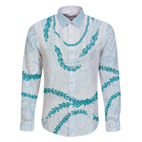 Aloha Lei Mikioi Family Matching Off The Shoulder Long Sleeve Dress and Hawaiian Shirt Teal Polynesian Tribal Tatau Pattern LT9 Dad's Shirt - Long Sleeve Teal - Polynesian Pride