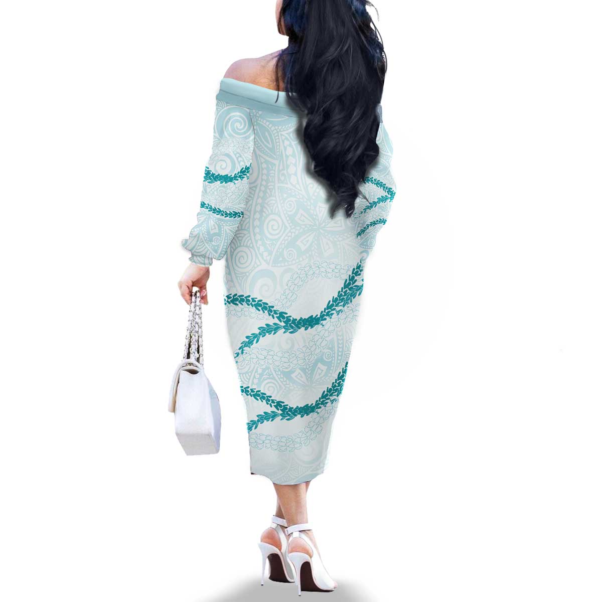 Aloha Lei Mikioi Family Matching Off The Shoulder Long Sleeve Dress and Hawaiian Shirt Teal Polynesian Tribal Tatau Pattern LT9 - Polynesian Pride