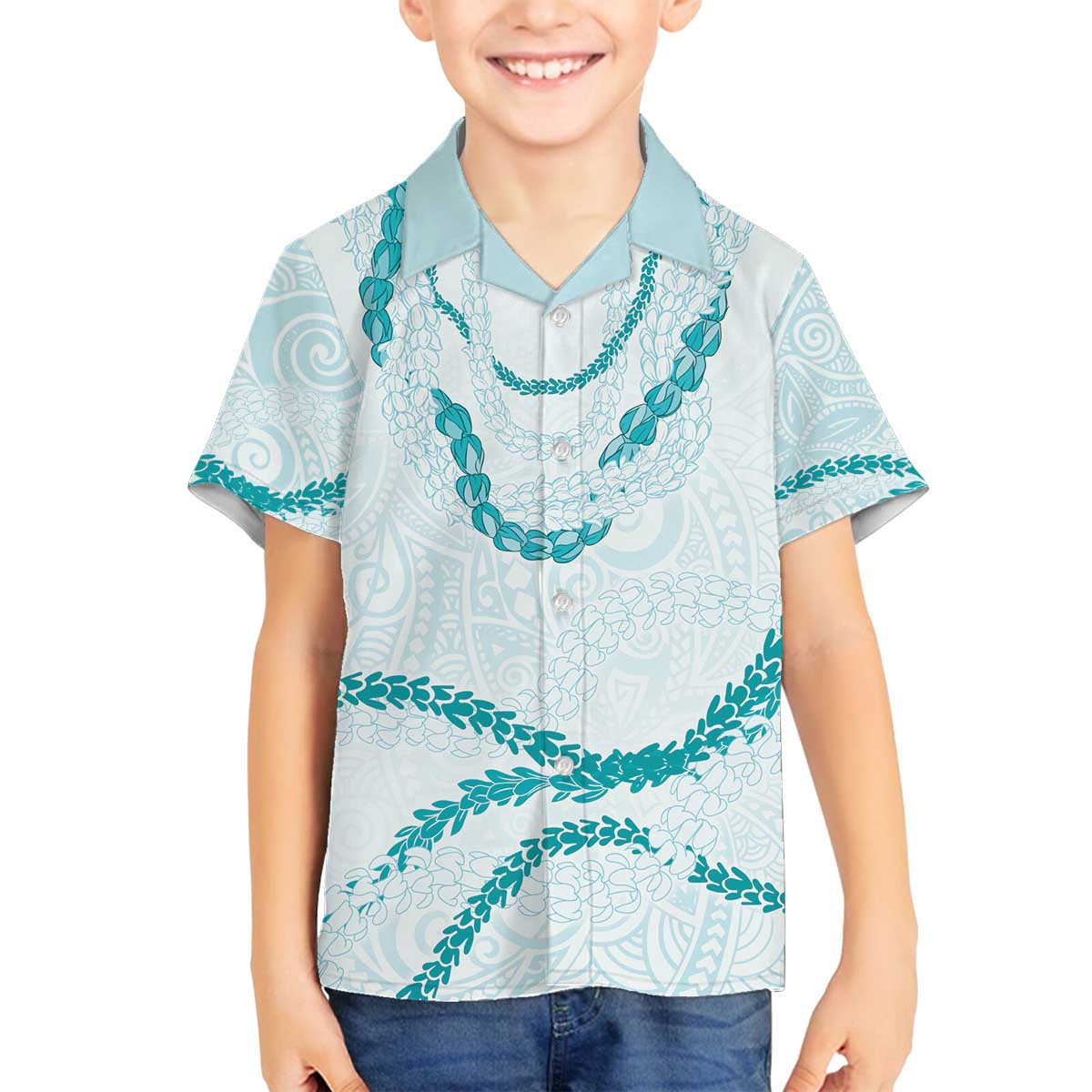 Aloha Lei Mikioi Family Matching Off The Shoulder Long Sleeve Dress and Hawaiian Shirt Teal Polynesian Tribal Tatau Pattern LT9 Son's Shirt Teal - Polynesian Pride