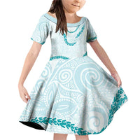 Aloha Lei Mikioi Family Matching Off Shoulder Short Dress and Hawaiian Shirt Teal Polynesian Tribal Tatau Pattern LT9 Daughter's Dress Teal - Polynesian Pride