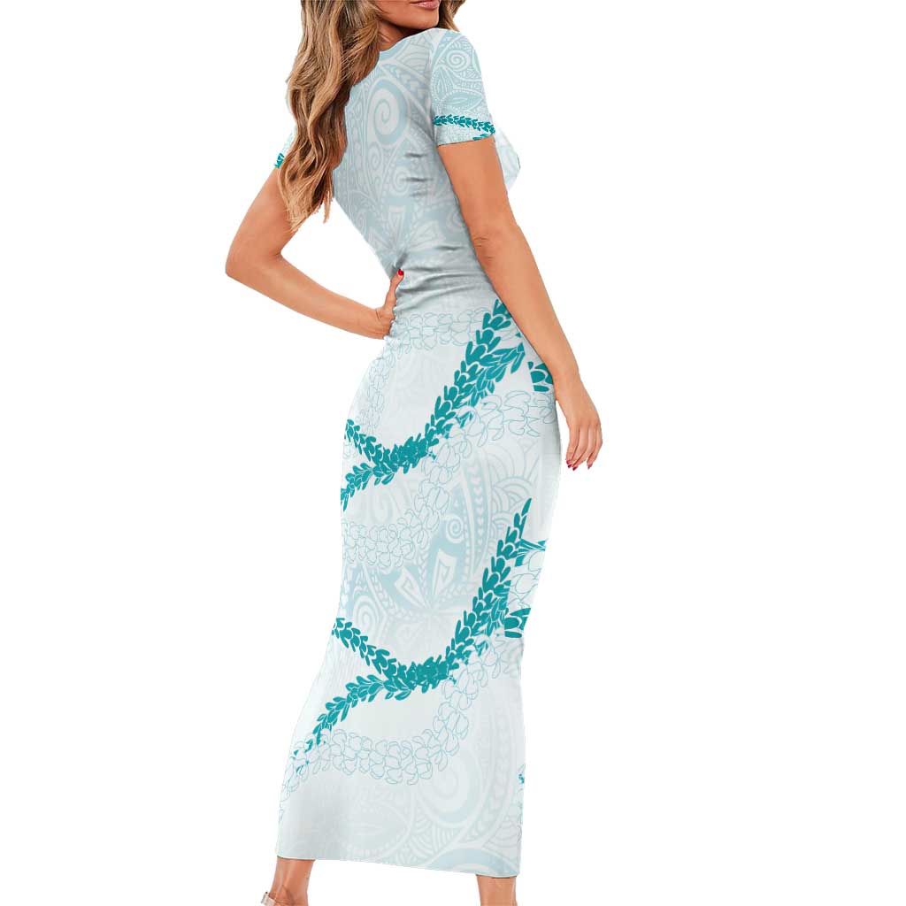 Aloha Lei Mikioi Family Matching Short Sleeve Bodycon Dress and Hawaiian Shirt Teal Polynesian Tribal Tatau Pattern LT9 - Polynesian Pride