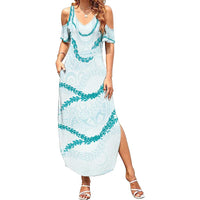 Aloha Lei Mikioi Family Matching Summer Maxi Dress and Hawaiian Shirt Teal Polynesian Tribal Tatau Pattern LT9 Mom's Dress Teal - Polynesian Pride