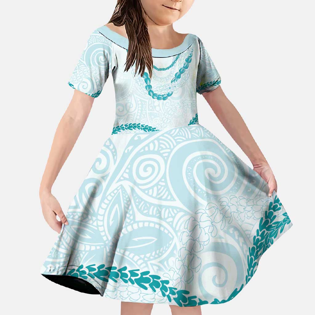 Aloha Lei Mikioi Family Matching Tank Maxi Dress and Hawaiian Shirt Teal Polynesian Tribal Tatau Pattern LT9 Daughter's Dress Teal - Polynesian Pride