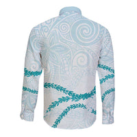 Aloha Lei Mikioi Long Sleeve Button Shirt Teal Polynesian Tribal Tatau Pattern