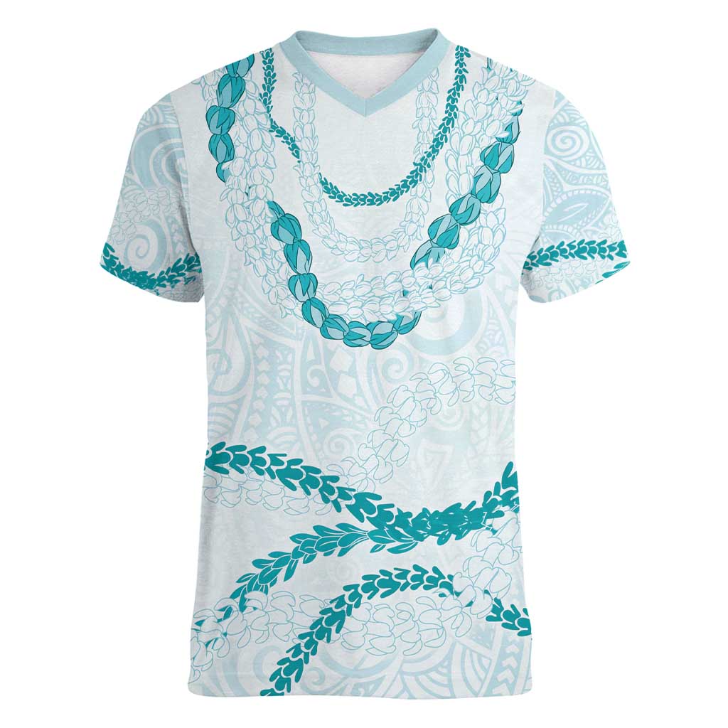 Aloha Lei Mikioi Women V-Neck T-Shirt Teal Polynesian Tribal Tatau Pattern