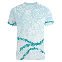 Aloha Lei Mikioi Women V-Neck T-Shirt Teal Polynesian Tribal Tatau Pattern