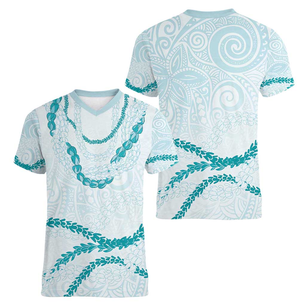 Aloha Lei Mikioi Women V-Neck T-Shirt Teal Polynesian Tribal Tatau Pattern
