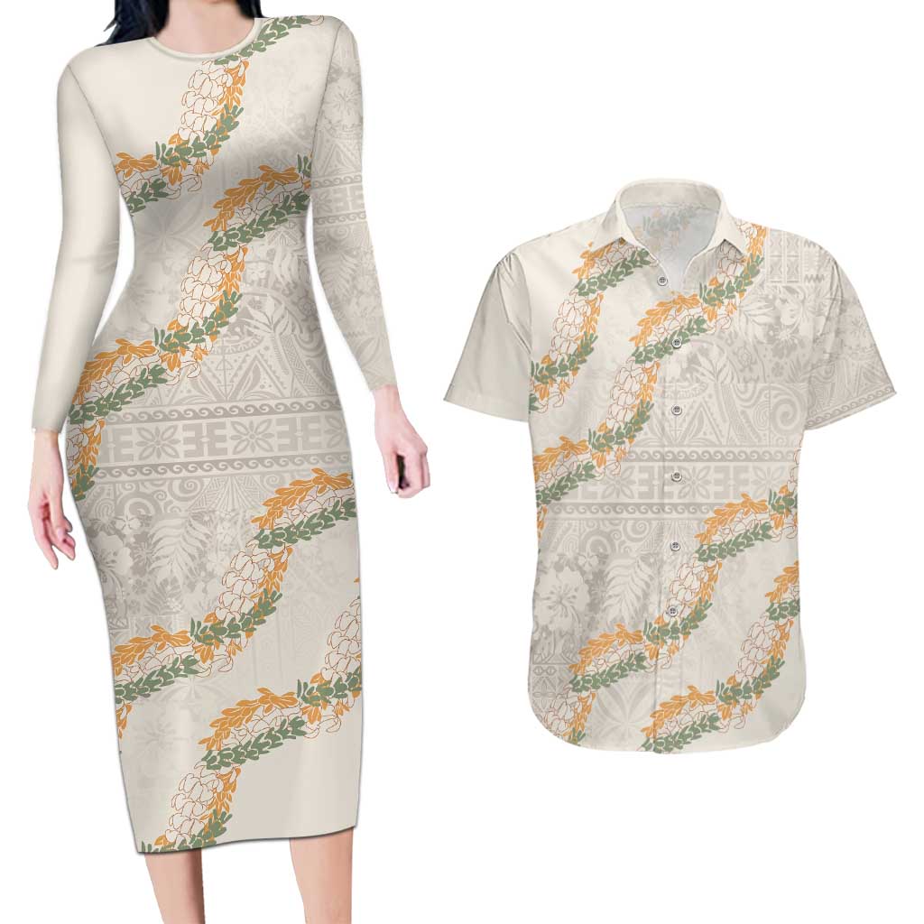 Aloha Pakalana and Puakenikeni Lei Couples Matching Long Sleeve Bodycon Dress and Hawaiian Shirt Beige Hawaiian Pattern LT9 Beige - Polynesian Pride