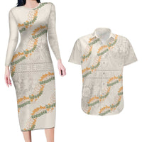 Aloha Pakalana and Puakenikeni Lei Couples Matching Long Sleeve Bodycon Dress and Hawaiian Shirt Beige Hawaiian Pattern LT9 Beige - Polynesian Pride