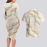 Aloha Pakalana and Puakenikeni Lei Couples Matching Long Sleeve Bodycon Dress and Hawaiian Shirt Beige Hawaiian Pattern LT9 - Polynesian Pride