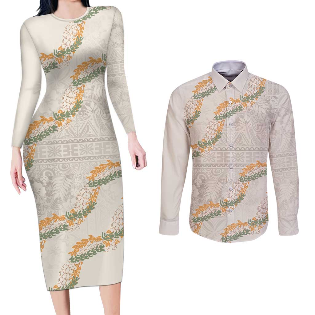 Aloha Pakalana and Puakenikeni Lei Couples Matching Long Sleeve Bodycon Dress and Long Sleeve Button Shirt Beige Hawaiian Pattern LT9 Beige - Polynesian Pride